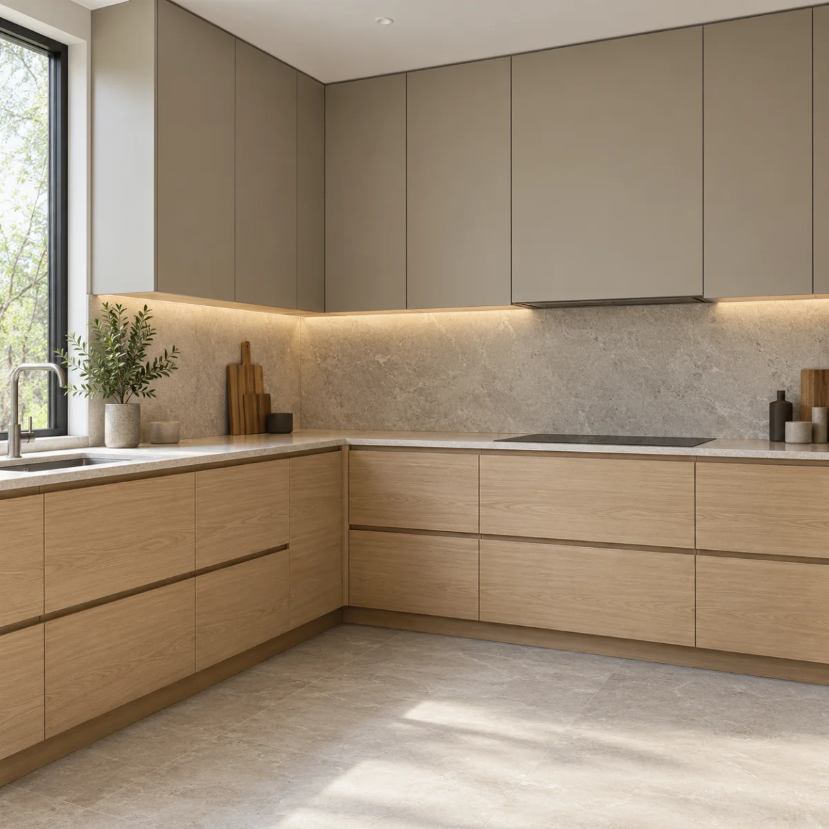 Modern L-shaped kitchen inspiration with handleless oak drawers and greige upper cabinets